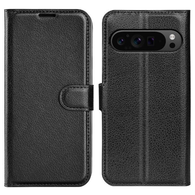 Google Pixel 9 Pro XL Handy Hülle - Litchi Leder Bookcover Series - schwarz