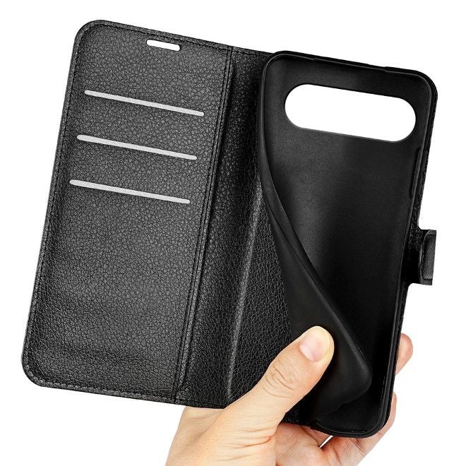 Google Pixel 9 Handy Hülle - Litchi Leder Bookcover Series - schwarz