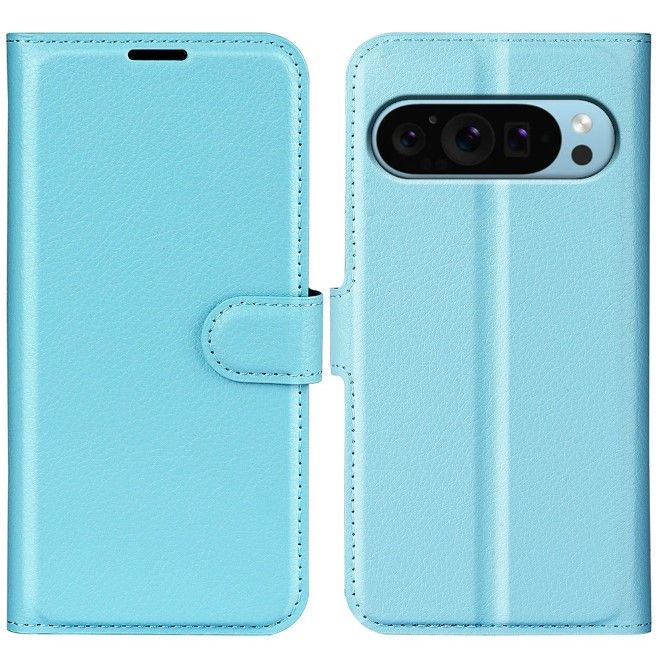 Google Pixel 9 Handy Hülle - Litchi Leder Bookcover Series - blau