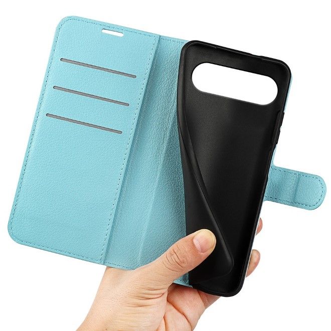 Google Pixel 9 Handy Hülle - Litchi Leder Bookcover Series - blau