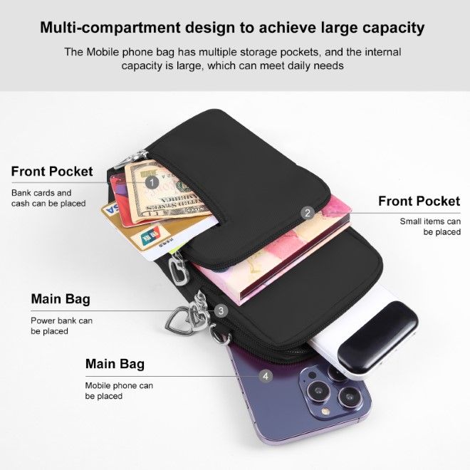 Haweel - Mini Umhänge Schulter Handy Tasche mit Reissverschluss & Sport Armband Hülle - schwarz