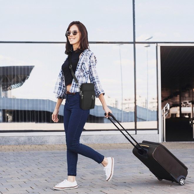 Haweel - Mini Umhänge Schulter Handy Tasche mit Reissverschluss & Sport Armband Hülle - schwarz