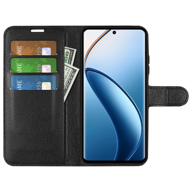Realme 12+ Handy Hülle - Litchi Leder Bookcover Series - schwarz