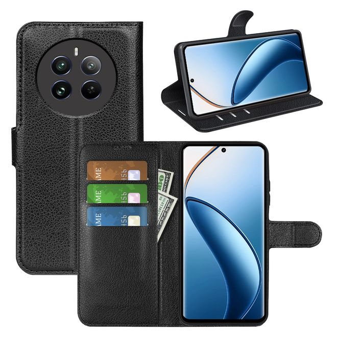 Realme 12+ Handy Hülle - Litchi Leder Bookcover Series - schwarz