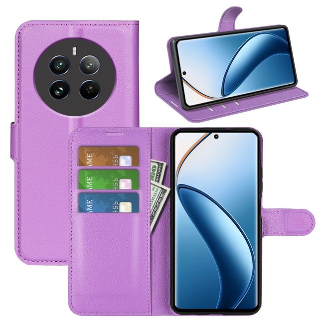 Realme 12+ Handy Hülle - Litchi Leder Bookcover Series - purpur