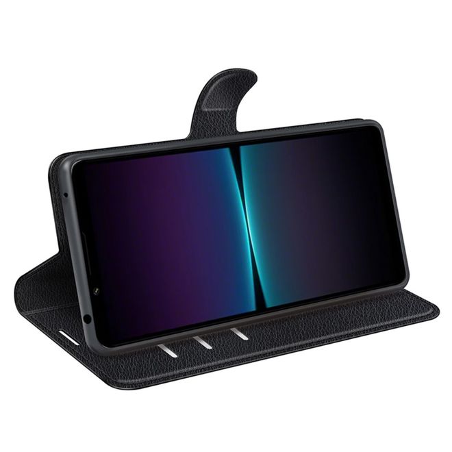 Sony Xperia 1 VI Handy Hülle - Litchi Leder Bookcover Series - schwarz