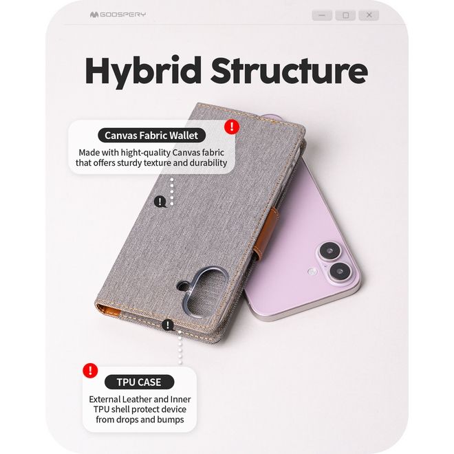 Goospery - iPhone 16 Pro Hülle - Bookcover - Canvas Diary Series - grau/camel