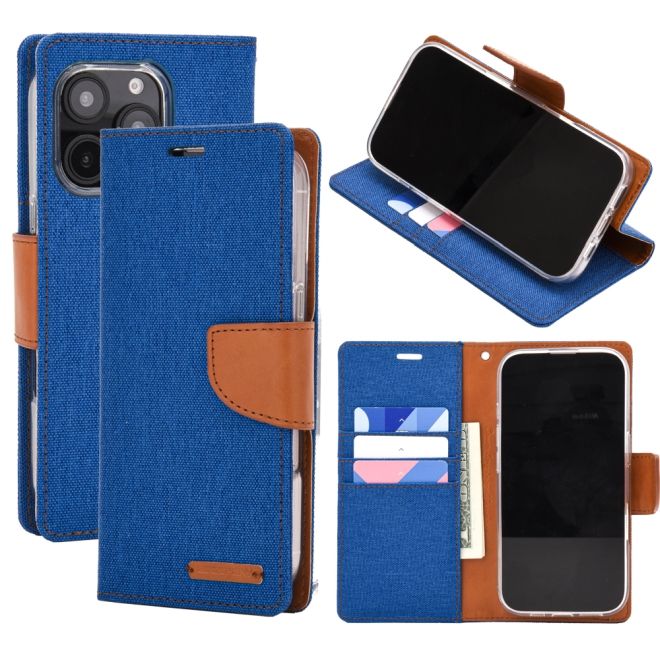 Goospery - iPhone 16 Pro Hülle - Bookcover - Canvas Diary Series - blau/camel