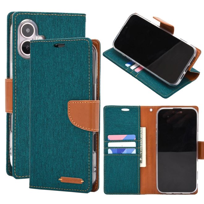 Goospery - iPhone 16 Plus Hülle - Bookcover - Canvas Diary Series - grün/camel