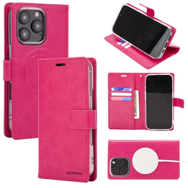 Goospery - iPhone 16 Pro Hülle - Leder Bookcover - Bluemoon Diary MagSafe Series - hotpink
