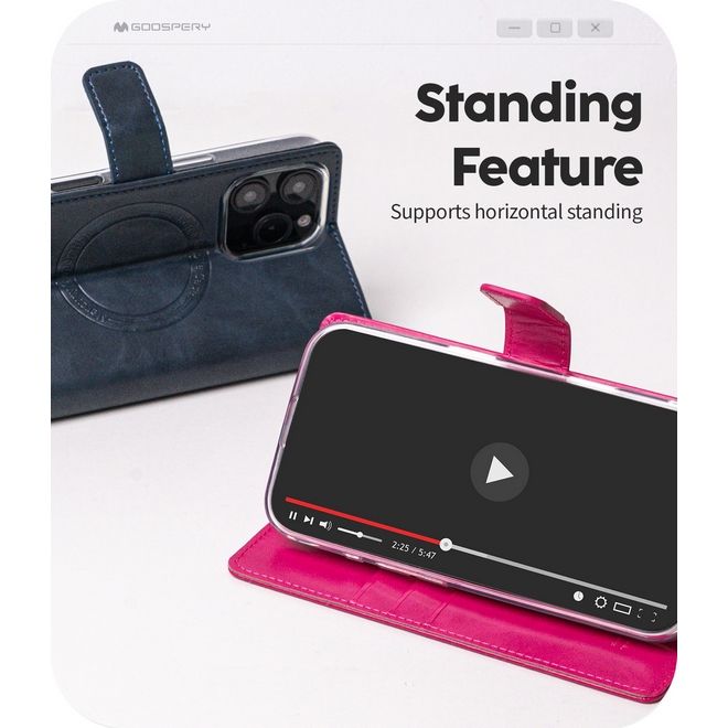 Goospery - iPhone 16 Pro Hülle - Leder Bookcover - Bluemoon Diary MagSafe Series - hotpink