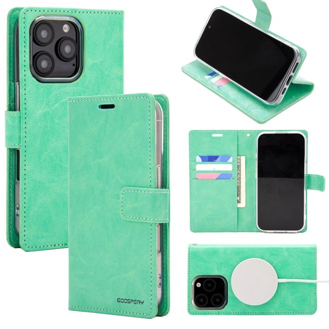 Goospery - iPhone 16 Pro Hülle - Leder Bookcover - Bluemoon Diary MagSafe Series - mint