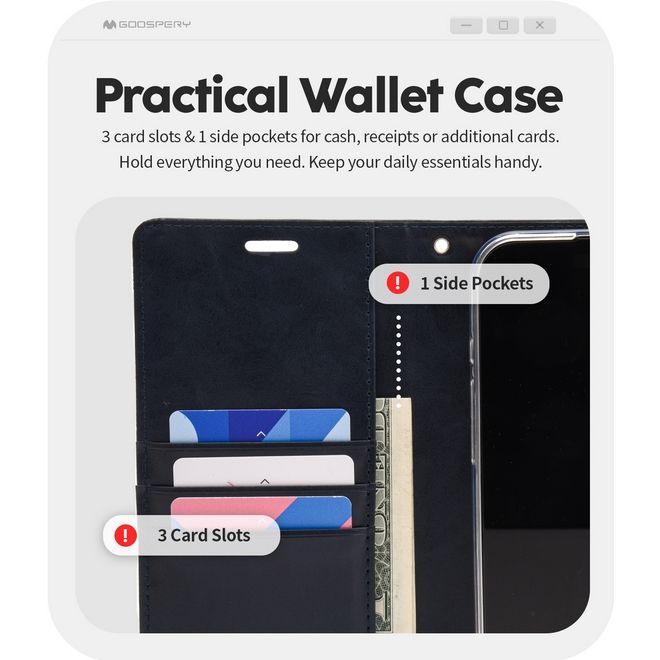 Goospery - iPhone 16 Pro Max Hülle - Leder Bookcover - Bluemoon Diary MagSafe Series - schwarz