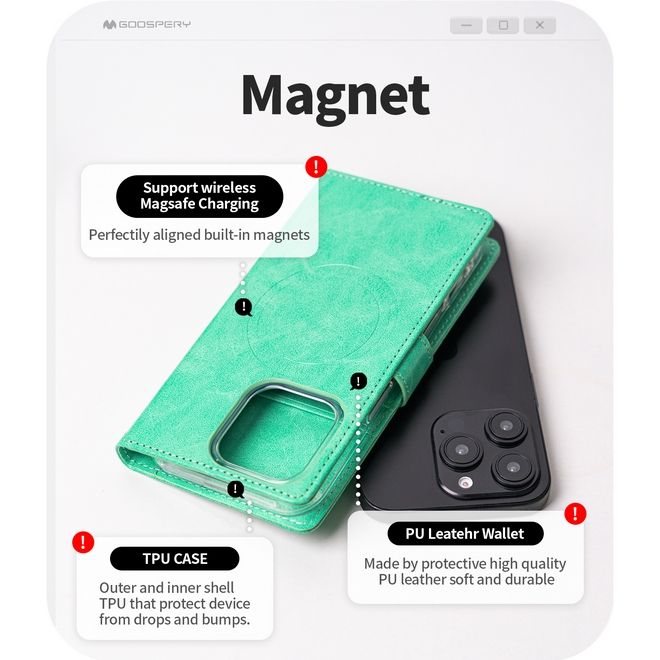 Goospery - iPhone 16 Pro Max Hülle - Leder Bookcover - Bluemoon Diary MagSafe Series - schwarz