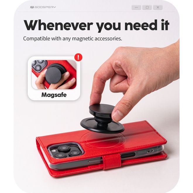 Goospery - iPhone 16 Pro Max Hülle - Leder Bookcover - Bluemoon Diary MagSafe Series - rot