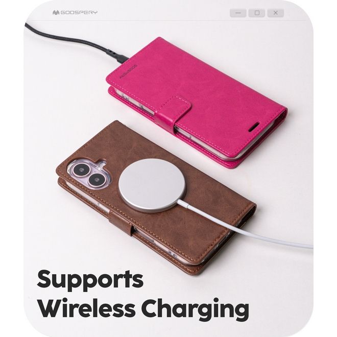 Goospery - iPhone 16 Pro Max Hülle - Leder Bookcover - Bluemoon Diary MagSafe Series - rosegold