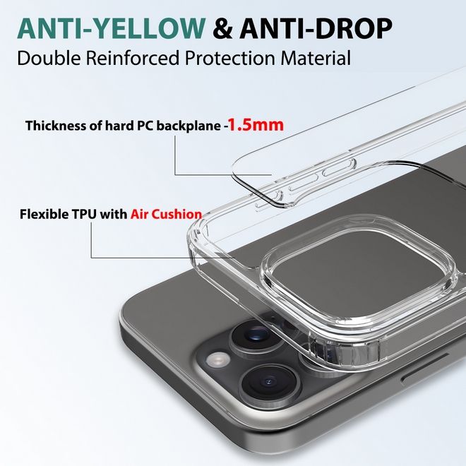 Coque pour iPhone 16 Pro Max (PC/TPU) - Dos en polycarbonate + bords en TPU - Transparente