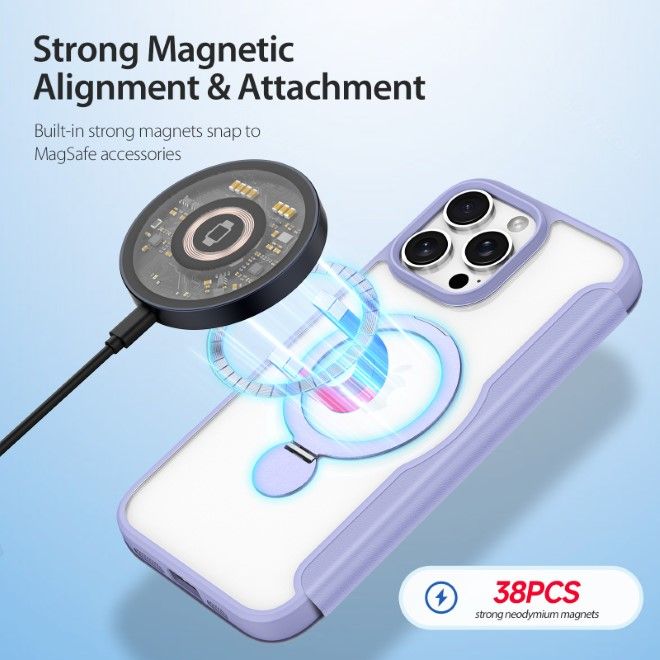 Dux Ducis - iPhone 16 Pro Max Hülle - Leder Bookcover mit Ring Standfunktion - Skin X Pro 360° Ring Stand Series - purpur