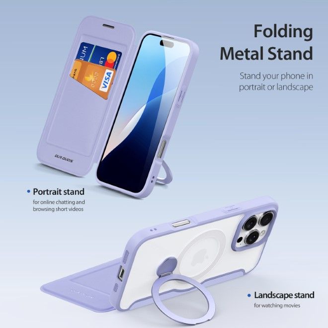 Dux Ducis - iPhone 16 Pro Max Hülle - Leder Bookcover mit Ring Standfunktion - Skin X Pro 360° Ring Stand Series - purpur