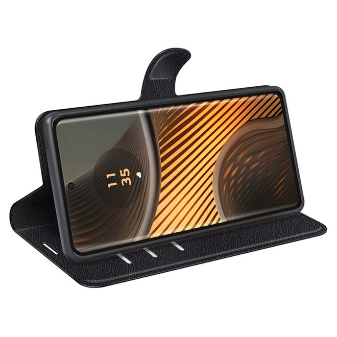 Motorola Edge 50 Ultra Handy Hülle - Litchi Leder Bookcover Series - schwarz