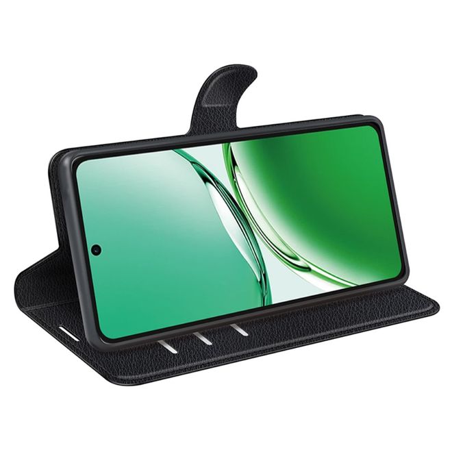 Oppo Reno12 F 5G Handy Hülle - Litchi Leder Bookcover Series - schwarz