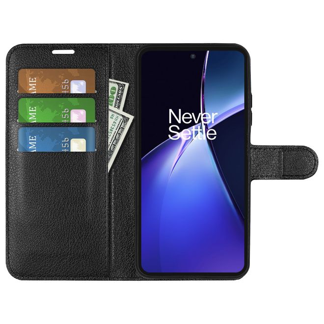 OnePlus Nord CE4 Lite 5G Handy Hülle - Litchi Leder Bookcover Series - schwarz