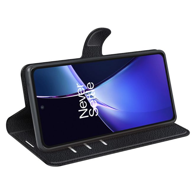 OnePlus Nord CE4 Lite 5G Handy Hülle - Litchi Leder Bookcover Series - schwarz