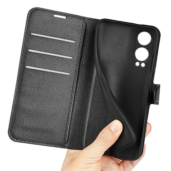 OnePlus Nord CE4 Lite 5G Handy Hülle - Litchi Leder Bookcover Series - schwarz
