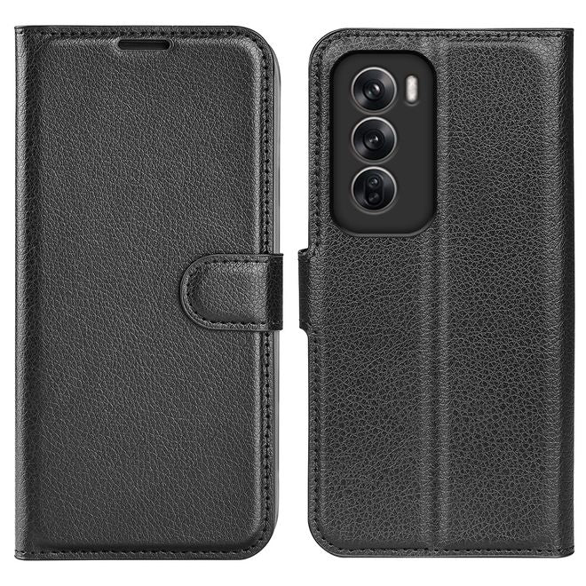 Oppo Reno12 5G Handy Hülle - Litchi Leder Bookcover Series - schwarz