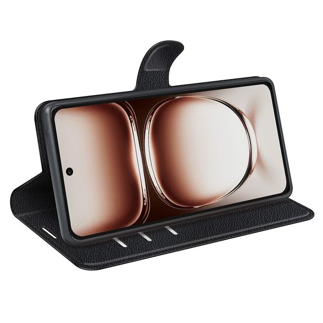 Oppo Reno12 5G Handy Hülle - Litchi Leder Bookcover Series - schwarz