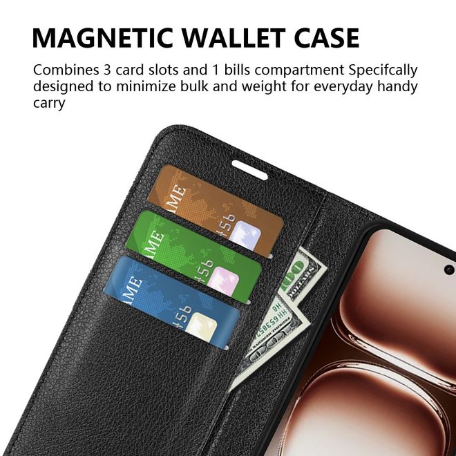 Oppo Reno12 5G Handy Hülle - Litchi Leder Bookcover Series - schwarz