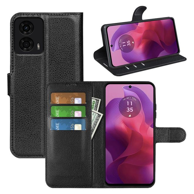 Motorola Moto E14 4G / G04 4G / G04s 4G / G24 4G Handy Hülle - Litchi Leder Bookcover Series - schwarz