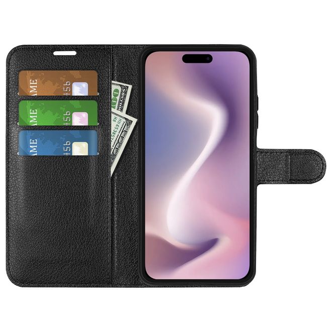 iPhone 16 Pro Max Handy Hülle - Litchi Leder Bookcover Series - schwarz