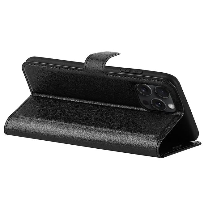 iPhone 16 Pro Max Handy Hülle - Litchi Leder Bookcover Series - schwarz