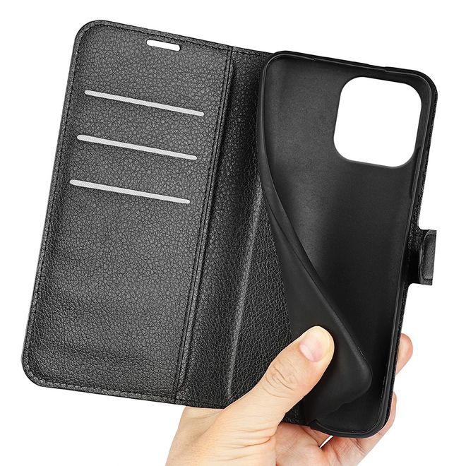 iPhone 16 Pro Max Handy Hülle - Litchi Leder Bookcover Series - schwarz