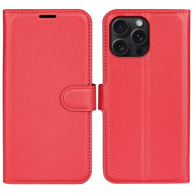 iPhone 16 Pro Max Phone Case - Litchi Leather Bookcover Series - Red