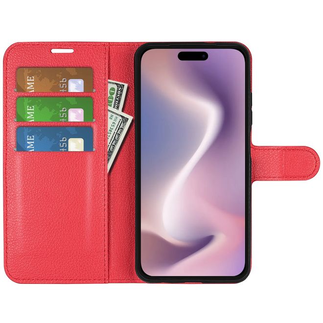 iPhone 16 Pro Max Phone Case - Litchi Leather Bookcover Series - Red