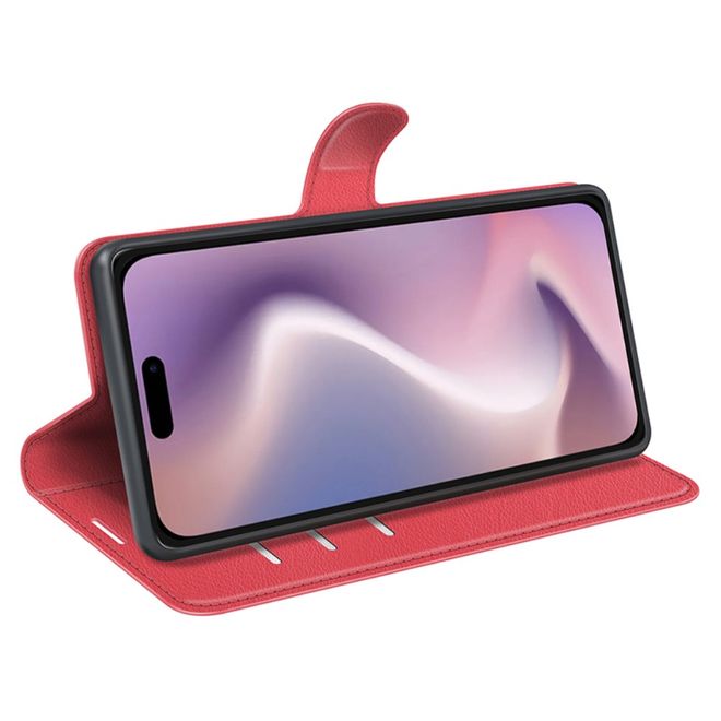 iPhone 16 Pro Max Phone Case - Litchi Leather Bookcover Series - Red