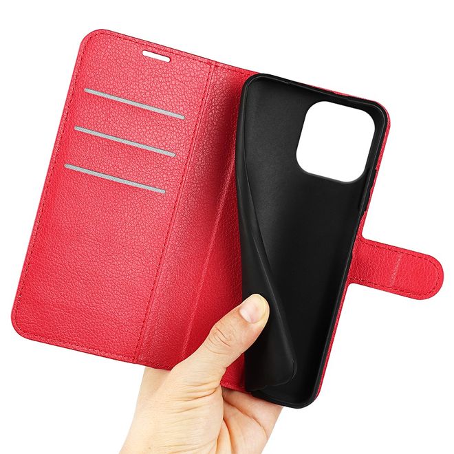 iPhone 16 Pro Max Phone Case - Litchi Leather Bookcover Series - Red