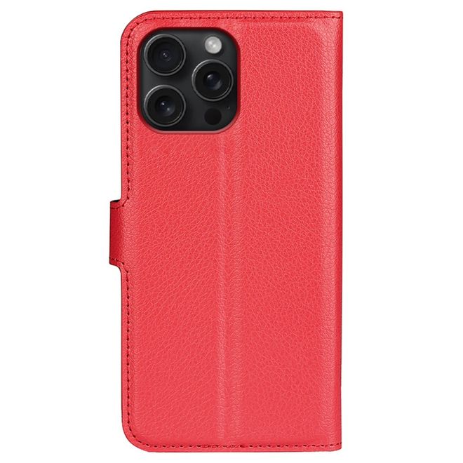 iPhone 16 Pro Max Phone Case - Litchi Leather Bookcover Series - Red