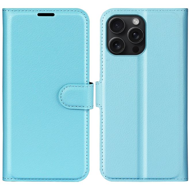 iPhone 16 Pro Max Phone Case - Litchi Leather Bookcover Series - Blue