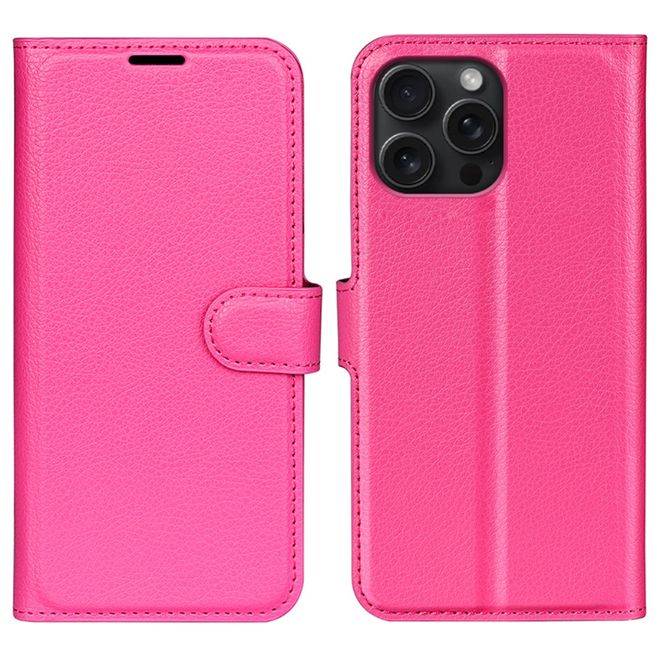 iPhone 16 Pro Max Phone Case - Litchi Leather Bookcover Series - Pink