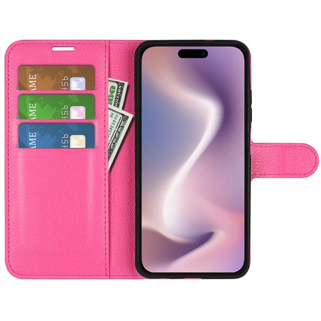 iPhone 16 Pro Max Phone Case - Litchi Leather Bookcover Series - Pink