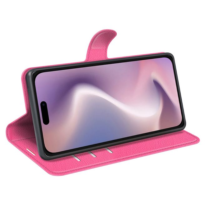iPhone 16 Pro Max Phone Case - Litchi Leather Bookcover Series - Pink