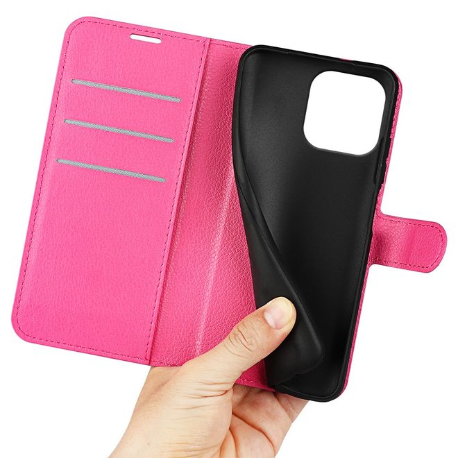 iPhone 16 Pro Max Phone Case - Litchi Leather Bookcover Series - Pink