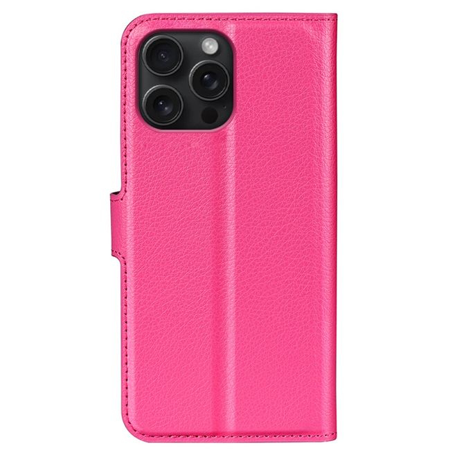 iPhone 16 Pro Max Phone Case - Litchi Leather Bookcover Series - Pink