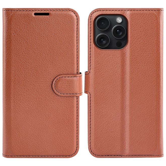 iPhone 16 Pro Max Phone Case - Litchi Leather Bookcover Series - Brown