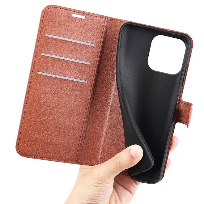 iPhone 16 Pro Max Phone Case - Litchi Leather Bookcover Series - Brown