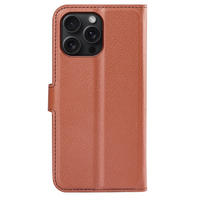 iPhone 16 Pro Max Phone Case - Litchi Leather Bookcover Series - Brown