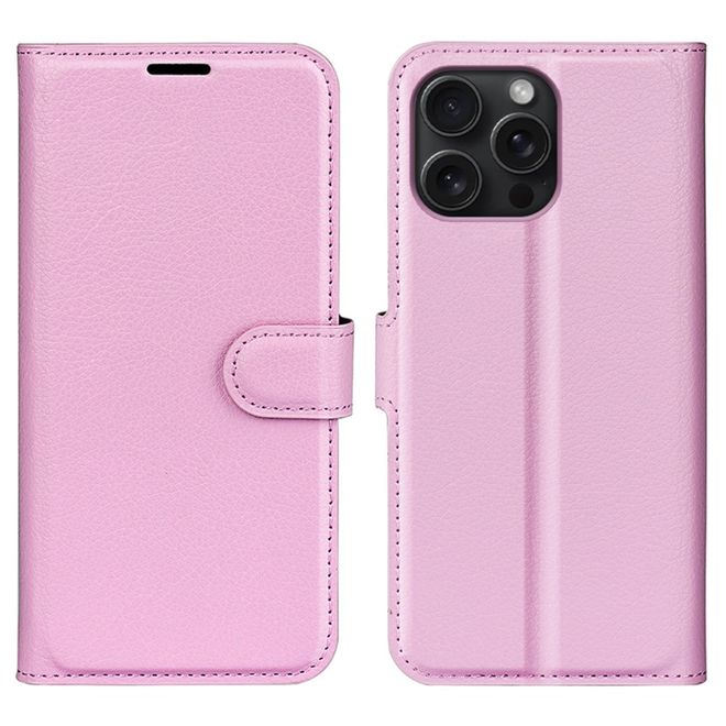 iPhone 16 Pro Handy Hülle - Litchi Leder Bookcover Series - rosa